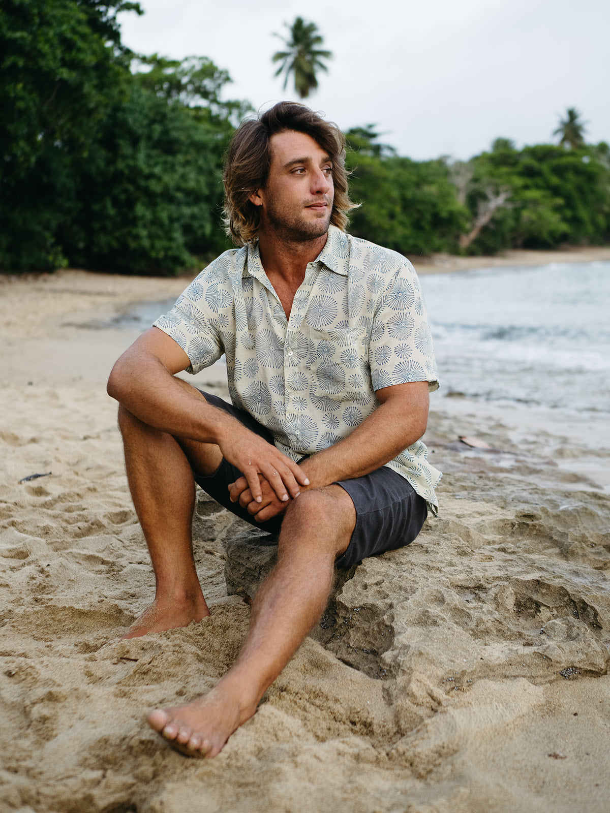 Mens Short Sleeve Button Down - Aqua Fireworks