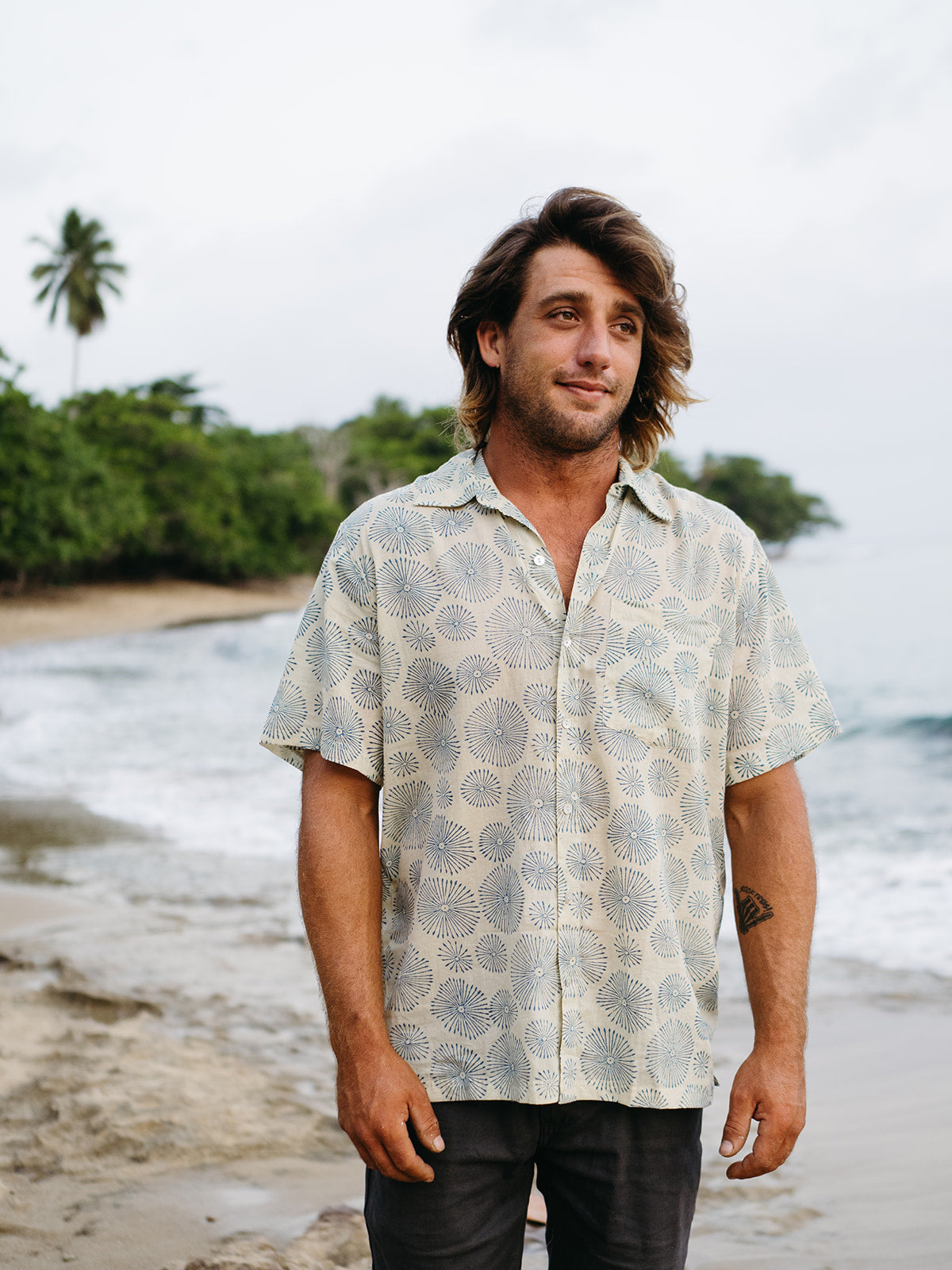 Mens Short Sleeve Button Down - Aqua Fireworks