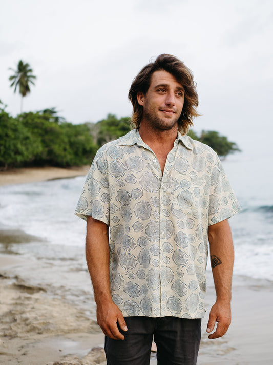 Mens Short Sleeve Button Down - Aqua Fireworks