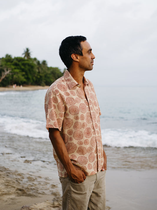 Mens Short Sleeve Button Down - Brick Fireworks