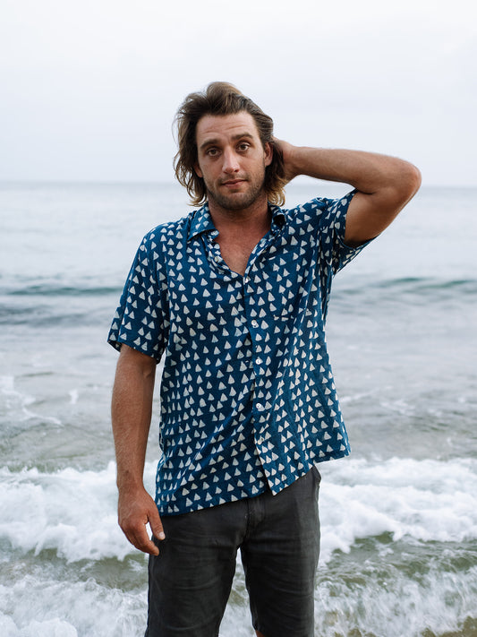 Mens Short Sleeve Button Down - Indigo Delta