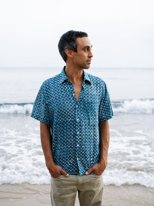 Mens Short Sleeve Button Down - Indigo Sclaes