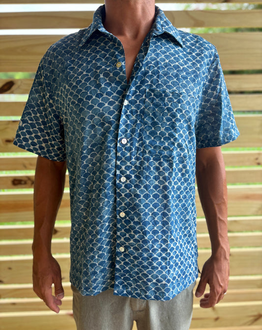Mens Short Sleeve Button Down - Indigo Sclaes