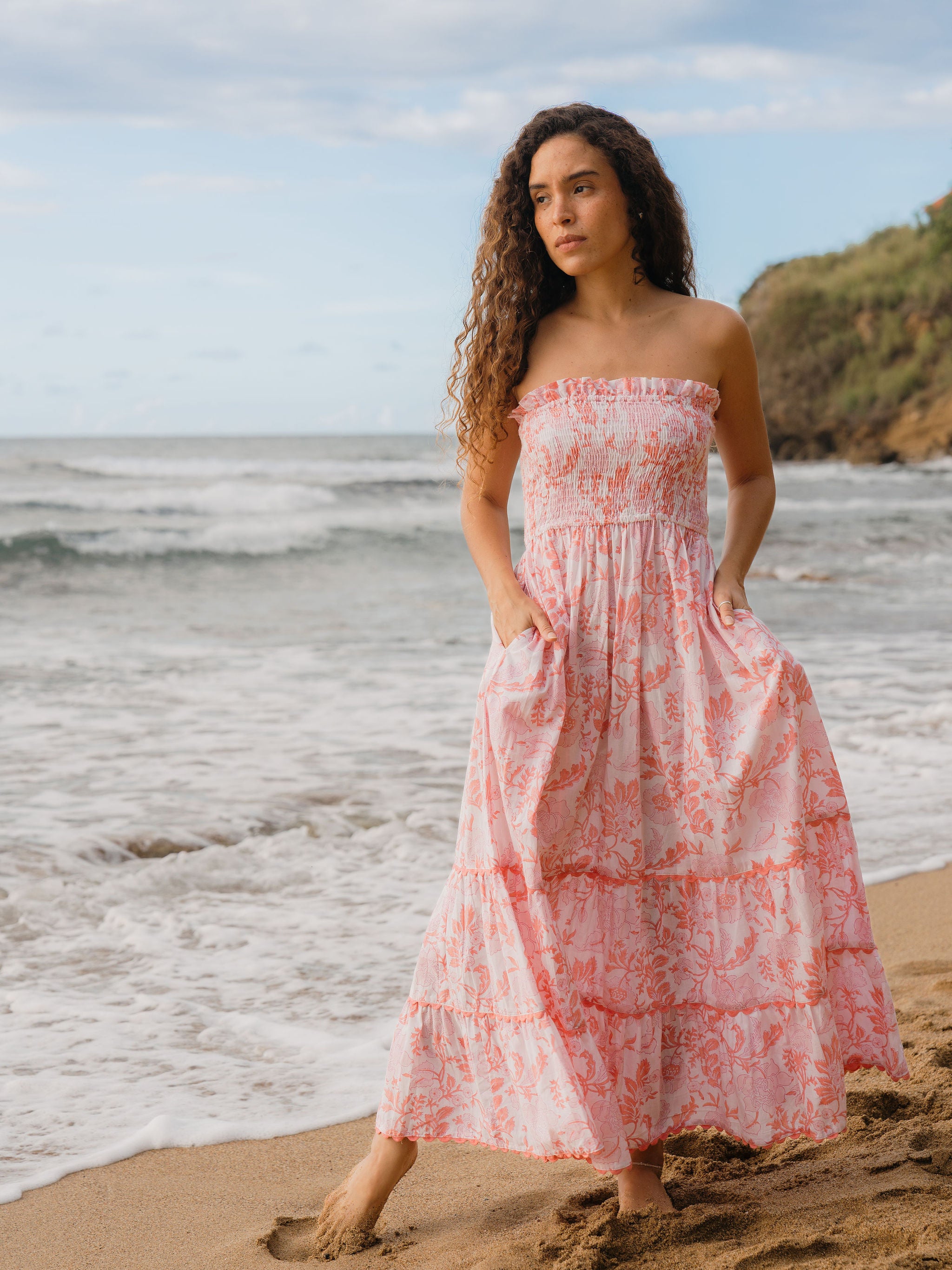 peach maxi dress Cotton Flax Deep-V Neck Empire Waist 68" / Petite (5'1" and below) 35 CARE Hand Wash Cold DOROTHEA PEACH FUZZ SILK PLEATED